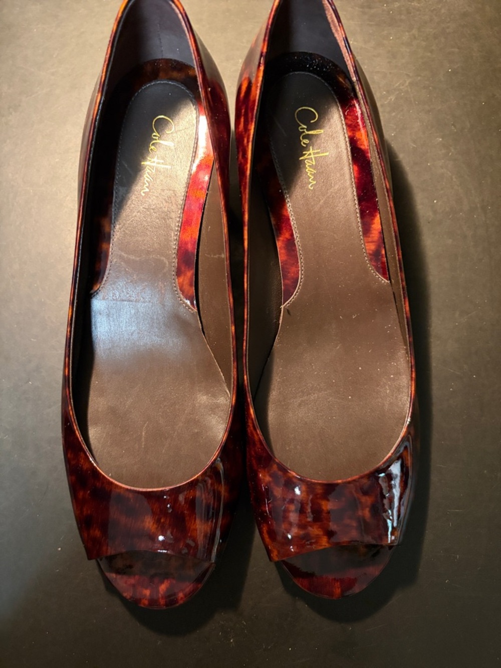 Cole Haan Tortoise Patent Peep-Toe Ballet Pumps - Dark Brown & Amber NWT 9.5